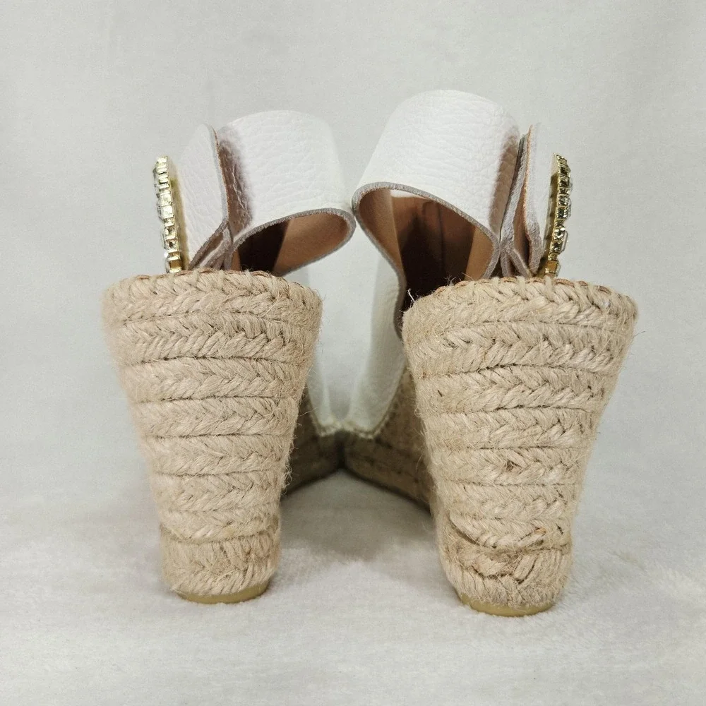Maypol Sandal Womens 8.5 White Leather Espadrille Wedge Rhinestone Anthropologie